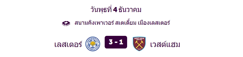 เลสเตอร์ 3-1 เวสต์แฮม - KUBET